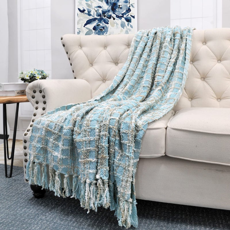 Home Soft Things Multi-Color Chenille Couch Throw Blanket, Light Blue, 50" x 60'' Soft Warm Cozy Tartan Blanket with Tassels Throw Blanket for Living Room Bed Sofa Chair DÃ©cor - Image 2